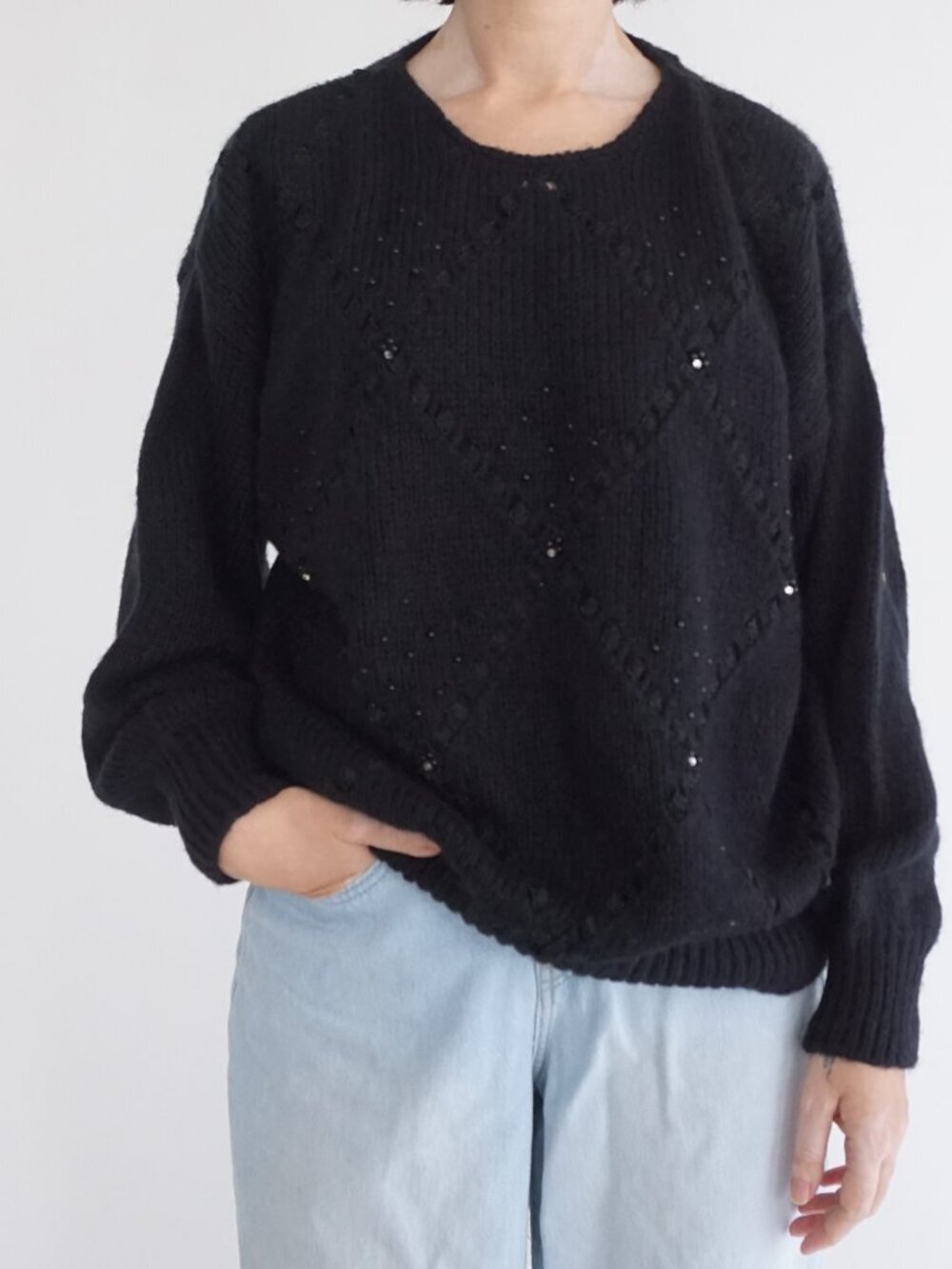 Vintage Beautifully More Black Beaded Embellished Evening Shoulder Pad Sweater L